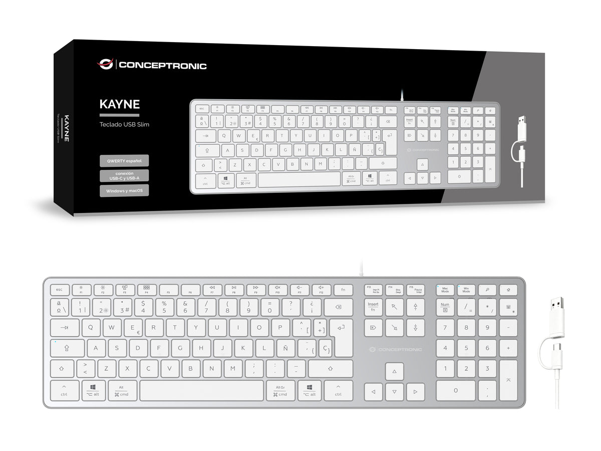 Conceptronic KAYNE02WES USB Slim-Tastatur, QWERTY Spanisch, kompatibel mit Windows und macOS