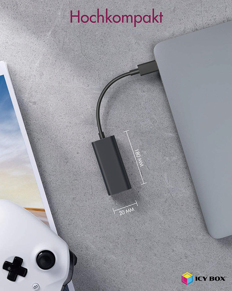 ICY BOX IB-AC501a, USB 3.2 Gen 1 (Type-A) zu Gigabit Ethernet Lan Adapter, schwarz