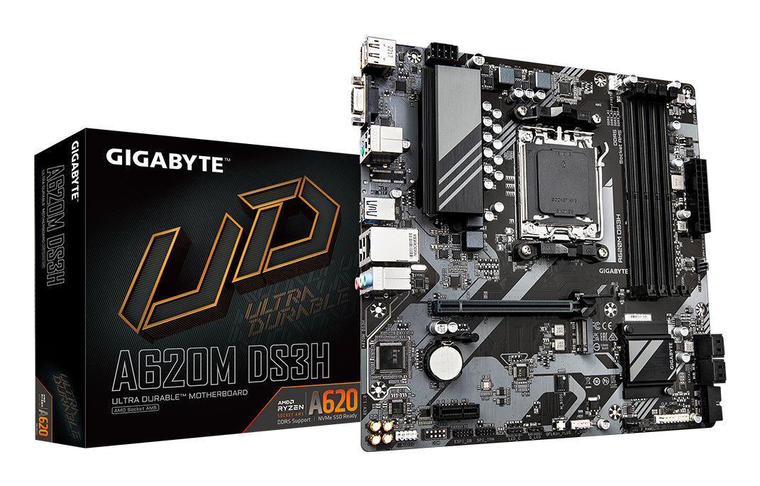 GIGABYTE A620M DS3H Motherboard - Unterstützt AMD Ryzen 8000 CPUs, 5+2+2 Phasen Digital VRM, bis zu 7600MHz DDR5 (OC), 1xPCIe 4.0 M.2, GbE LAN, USB 3.2 Gen 1