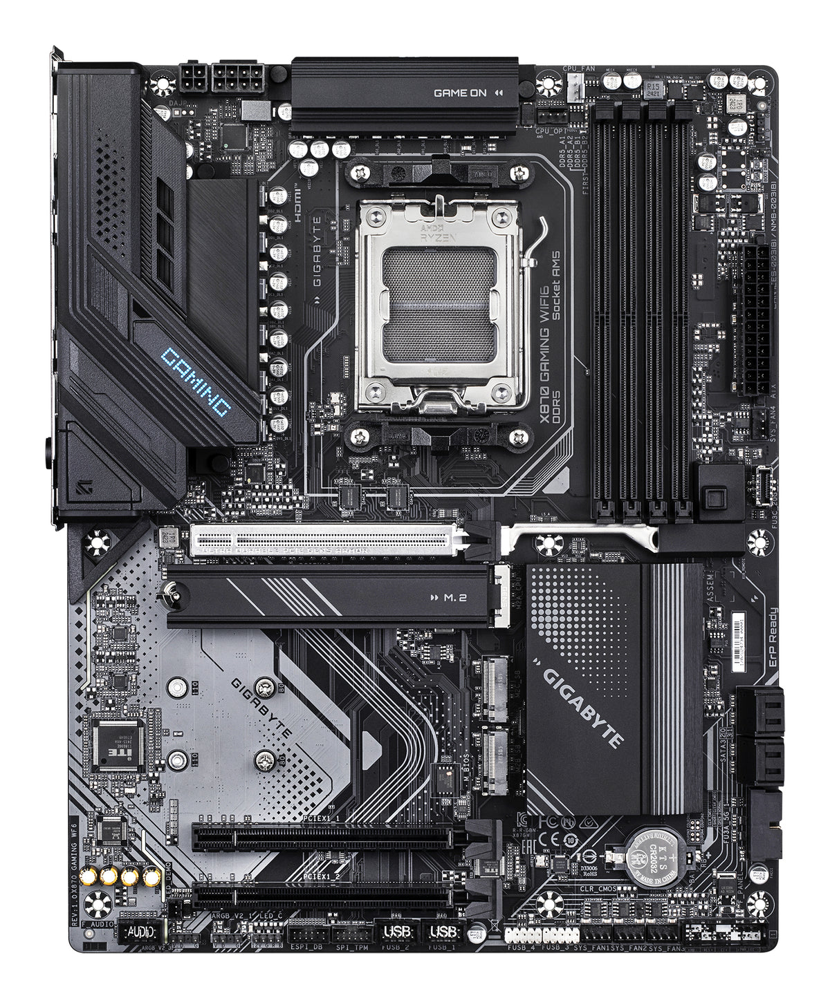 GIGABYTE X870 GAMING WIFI6 Mainboard - Unterstützt AMD Ryzen 9000 CPUs, 8+2+2 Phasen VRM, bis zu 8000MHz DDR5 (OC), 1xPCIe 5.0 + 2xPCIe 4.0, Wi-Fi 6, 2.5GbE LAN, USB 4
