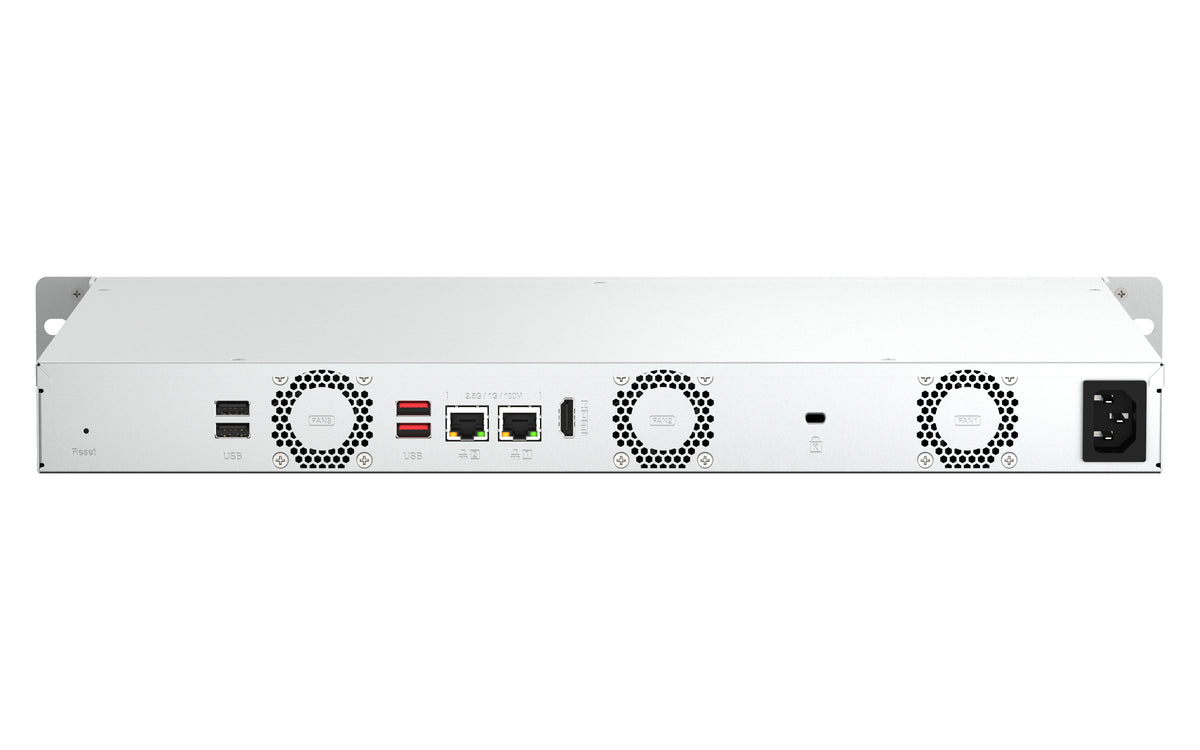 QNAP TS-464eU NAS Rack (1U) Intel® Celeron® N5095 8 GB DDR4 0 TB QNAP Turbo System Aluminium, Schwarz