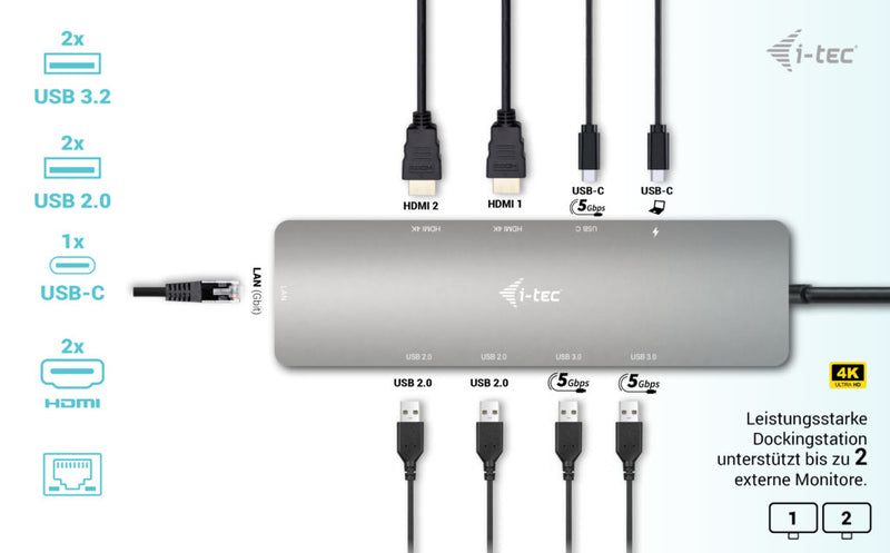 i-tec USB-C Metal Nano 2x Display Docking Station + Power Delivery 100 W