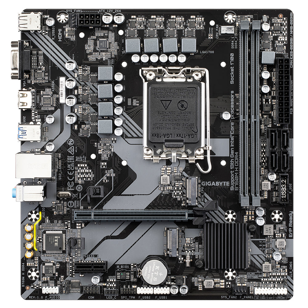 GIGABYTE B760M H DDR4 Motherboard - Unterstützt Intel Core 14. Generation CPUs, 6+1+1 Phasen Digital VRM, bis zu 3200MHz DDR4 (OC), 2xPCIe 4.0 M.2, GbE LAN, USB 3.2 Gen1