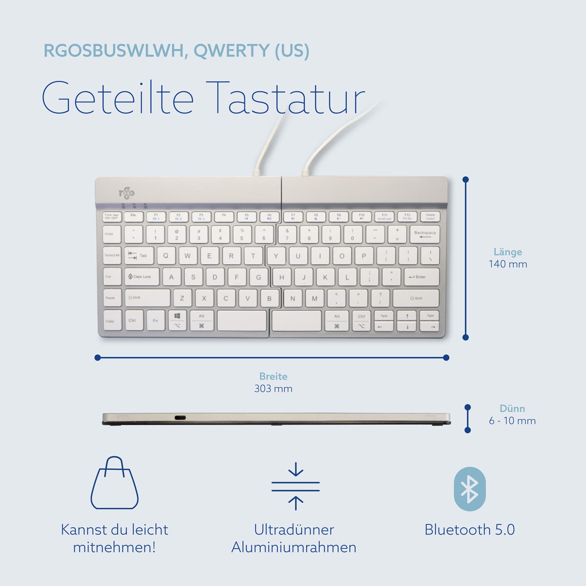 R-Go Tools Ergonomische Tastatur R-Go Split Break mit Pausensoftware, ergonomische geteilte Tastatur, QWERTY (US), kabellos, weiß