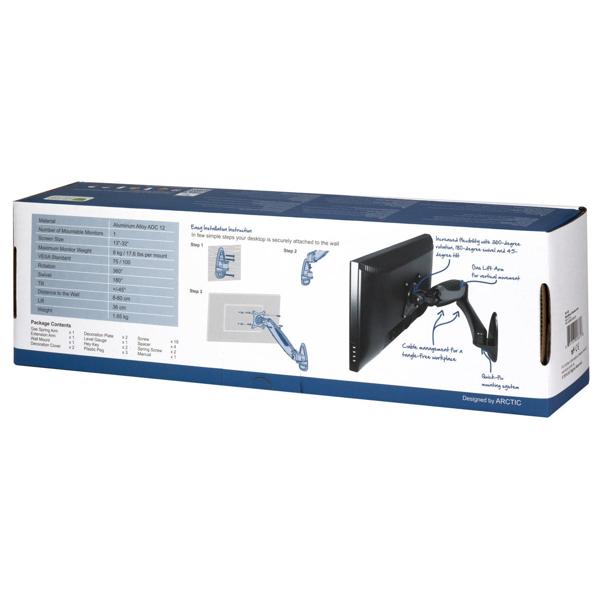 ARCTIC W1-3D - Monitor-Wandhalterung mit Gaslifttechnik