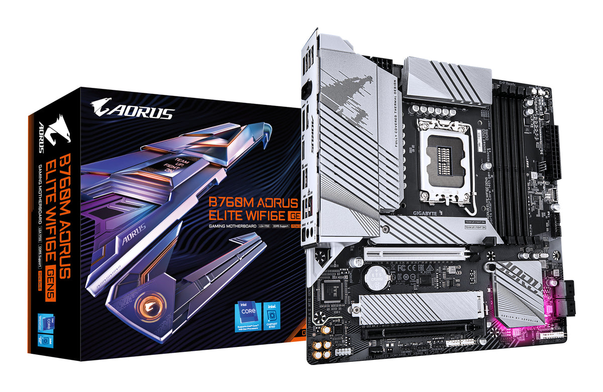 GIGABYTE B760M AORUS ELITE WIFI6E GEN5 Mainboard – Unterstützt Intel Core Prozessoren der 14. Generation, 12+1+1 Phasen Digital-VRM, bis zu 5600 MHz DDR5, 2 x PCIe 4.0 M.2, Wi-Fi 6E, 2.5 GbE LAN, USB 3.2 Gen 2x2