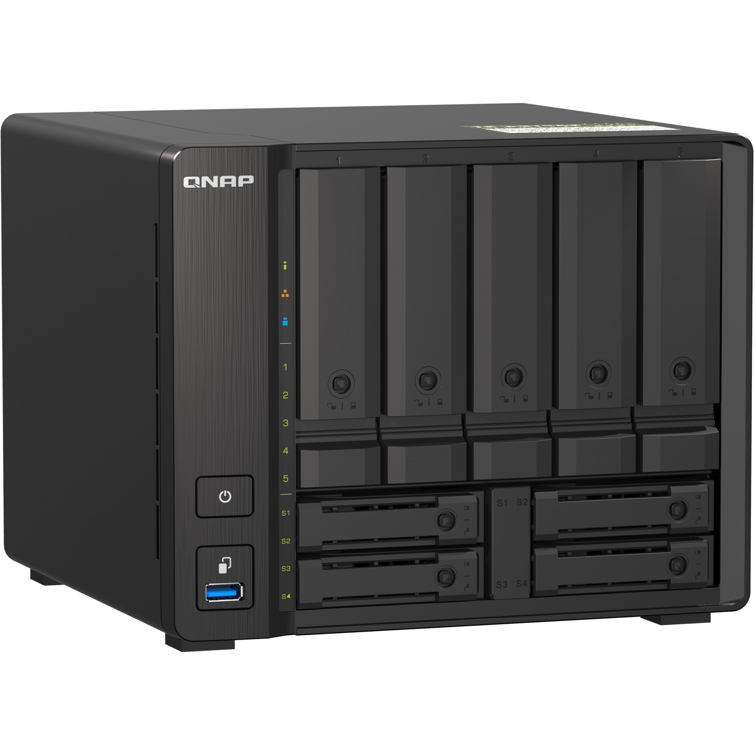 QNAP 9-bay NAS AMD Ryzen V1500B 8GB DDR4 SODIMM 5x6.35cm 2.5Zoll/8.89cm 3.5Zoll SATA 6Gbps + 2x26.35cm 2.5Zoll U.2 NVMe PCIe Gen3 x4
