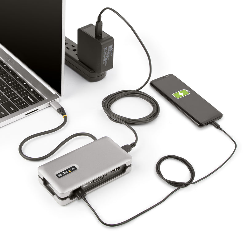 StarTech.com USB-C Multiport Adapter - USB C auf VGA/4K 60Hz HDMI Adapter - 3-Port USBC Hub - 100W PD - GbE - USB C Dockingstation/Laptop Dock - Mini/Reise Dock USB C Adapter - 30 cm Integ. Kabel mit Kabelschlitz