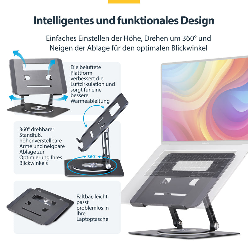 StarTech.com Ergonomischer Höhenverstellbarer Laptopständer, Dreh-Neigbarer Computerständer, Tragbare Laptophalterung-Notebookständer, bis 5kg, Aluminium Konstruktion