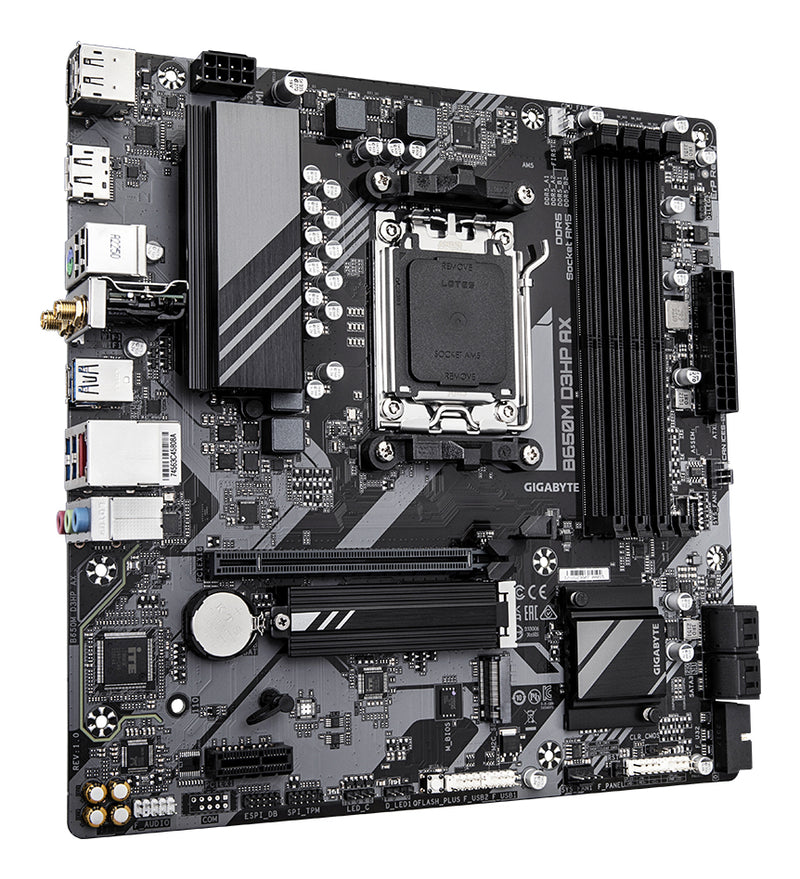 GIGABYTE B650M D3HP AX Mainboard - AMD Ryzen 9000er-Serie, 5+2+2 Phasen VRM, bis zu 8000 MHz DDR5 (OC), 2xPCIe 4.0 M.2, WIFI 6E, 2,5 GbE LAN, USB 3.2 Gen 1