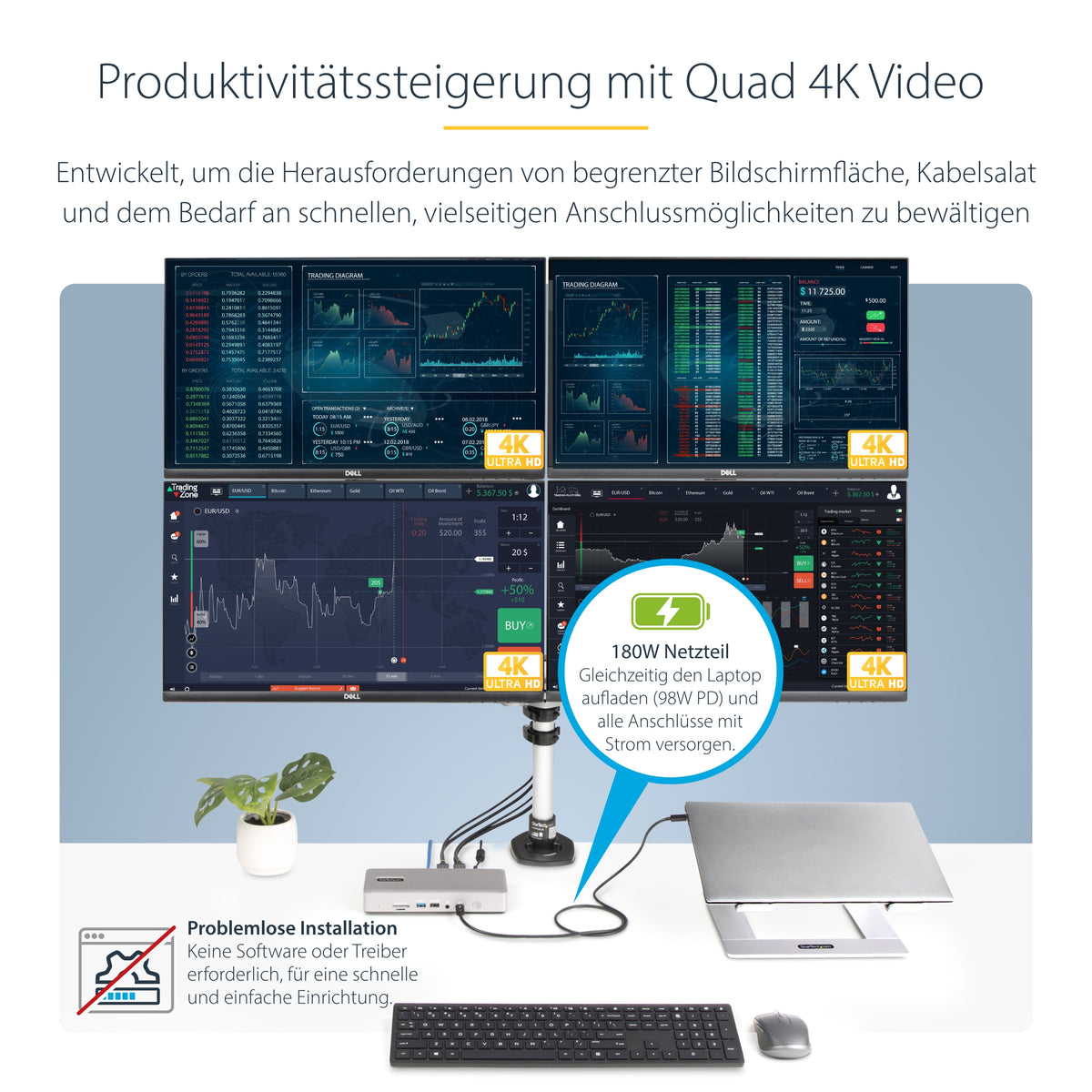 StarTech.com Universelle Thunderbolt 4 und USB4 Dockingstation, Quad-Display unter Windows, Dual-Display mit MacBook, HDMI DP-Dock mit 100W Ladung