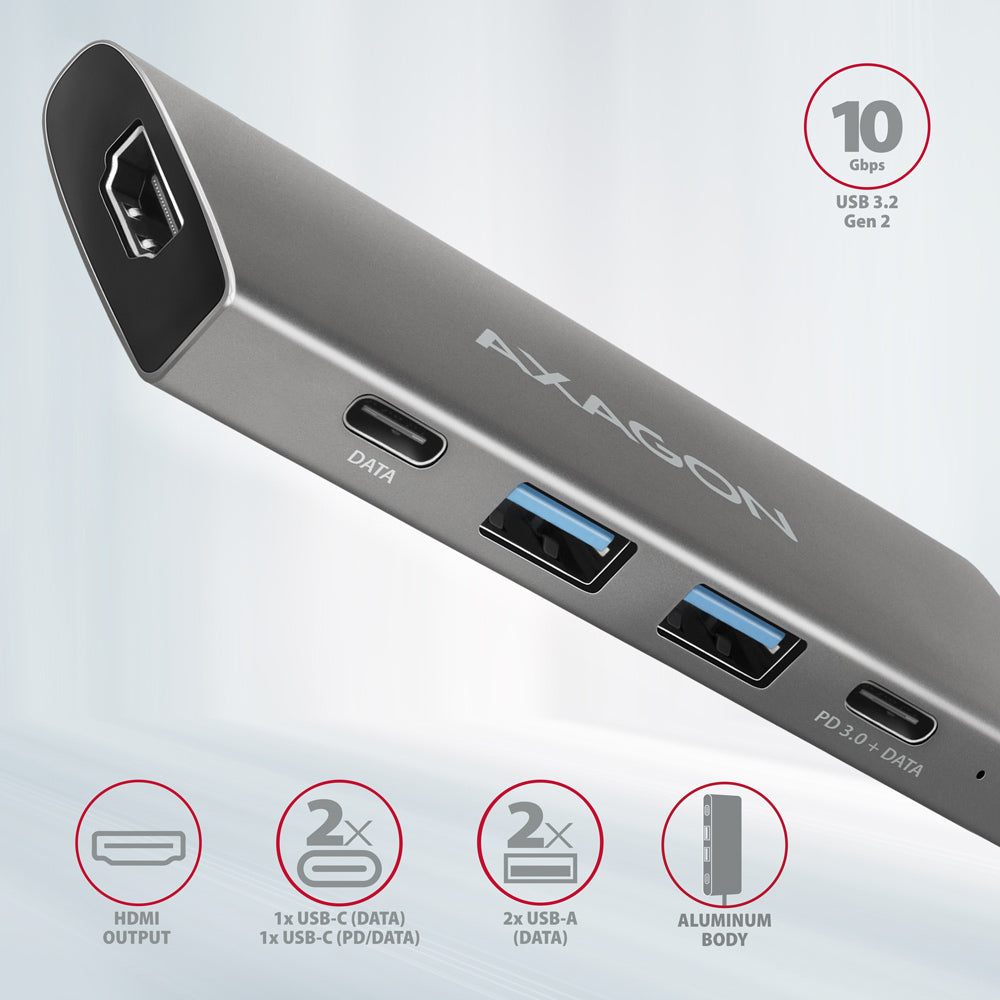 Axagon HMC-5G21 USB 10Gbps hub, 2x USB-A, 2x USB-C, HDMI 4k/30Hz, PD 60W, USB-C Kabel