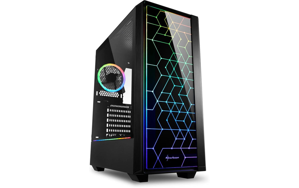 SHARKOON RGB LIT 100 ATX Mid Tower Black with Tempered Glass Side Panel, USB 3.2 Gen 1 Type-A, USB 2.0 Type-A