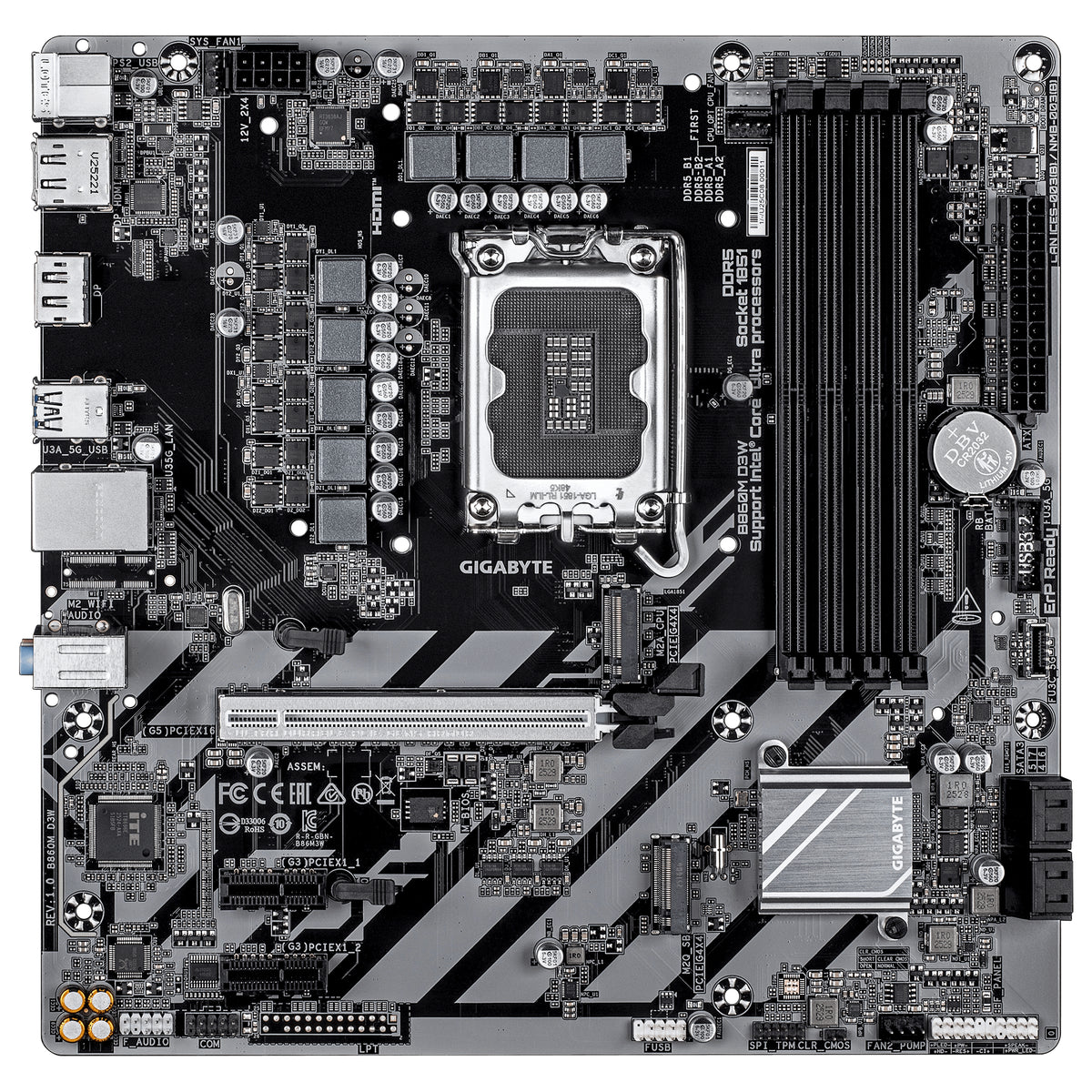 GIGABYTE B860M D3W Mainboard – Intel Core Ultra Series CPUs, 4+1+2-Phasen-VRM, bis zu 9066 MHz DDR5, 2× PCIe 4.0 M.2, 1-GbE-LAN, USB 3.2 Gen 1