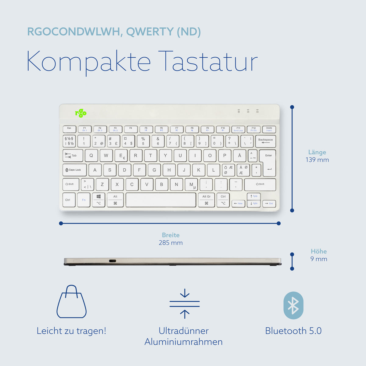 R-Go Tools Ergonomische Tastatur R-Go Compact Break, kompakte Tastatur mit Pausensoftware, QWERTY (NORDIC), Bluetooth, Weiß