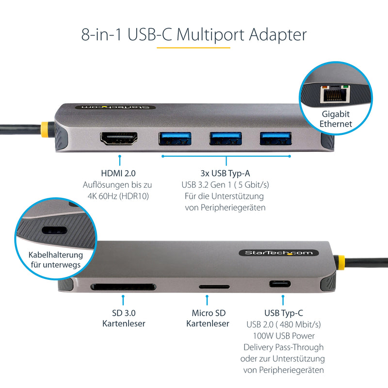 StarTech.com USB C Multiport Adapter, 4K 60Hz HDMI Anschluss, 5Gbit/s USB-A Hub, USB C auf HDMI, 100W PD, GbE, SD/MicroSD, 30cm Kabel, Reiseadapter, Thunderbolt 3 Dockingstation