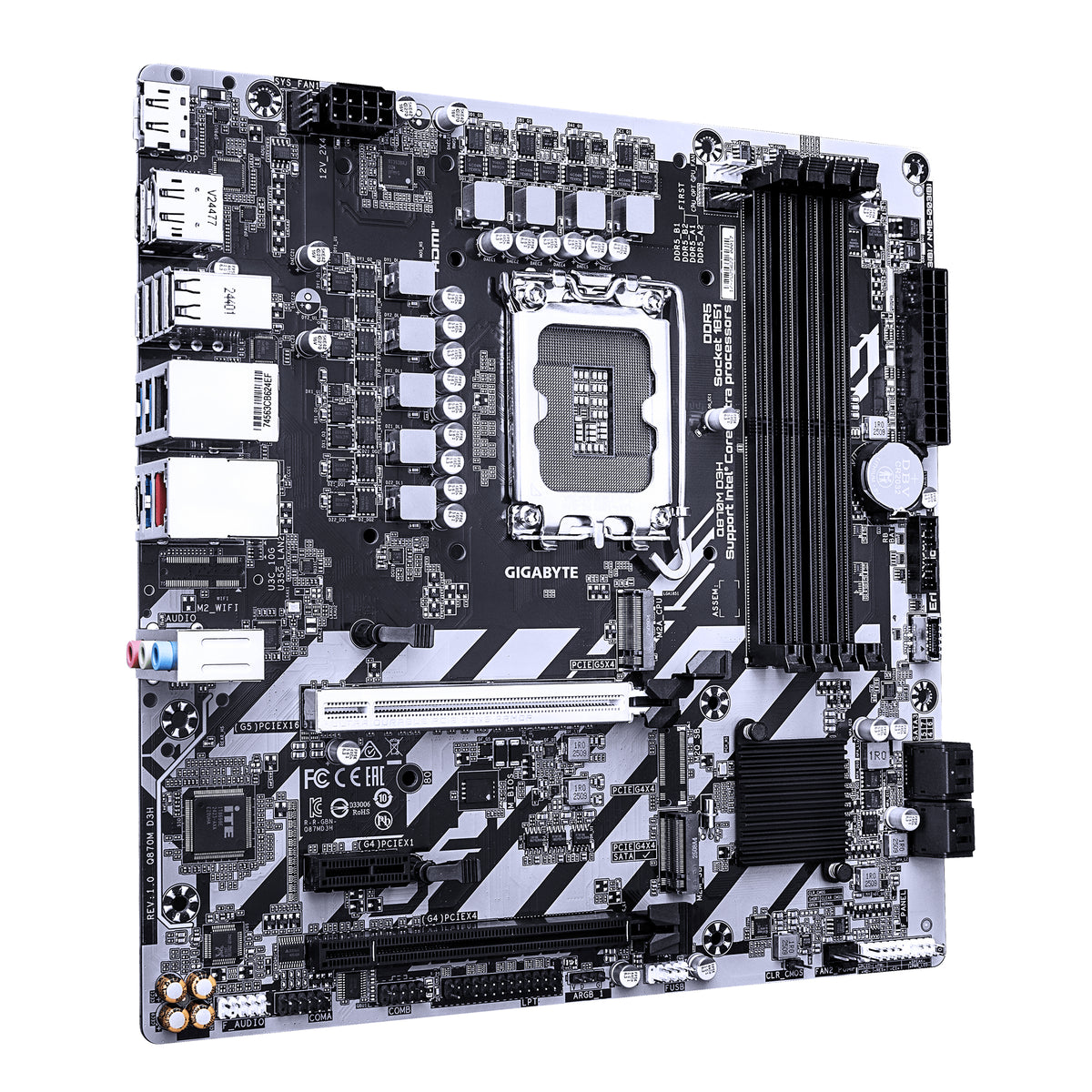 GIGABYTE Q870M D3H Mainboard – Intel Core Ultra (Serie 2) CPUs, 4+1+2-Phasen-VRM, bis zu 6400 MHz DDR5 (O.C), 2× PCIe-4.0-M.2, 2.5-GbE-LAN, USB 3.2 Gen 2