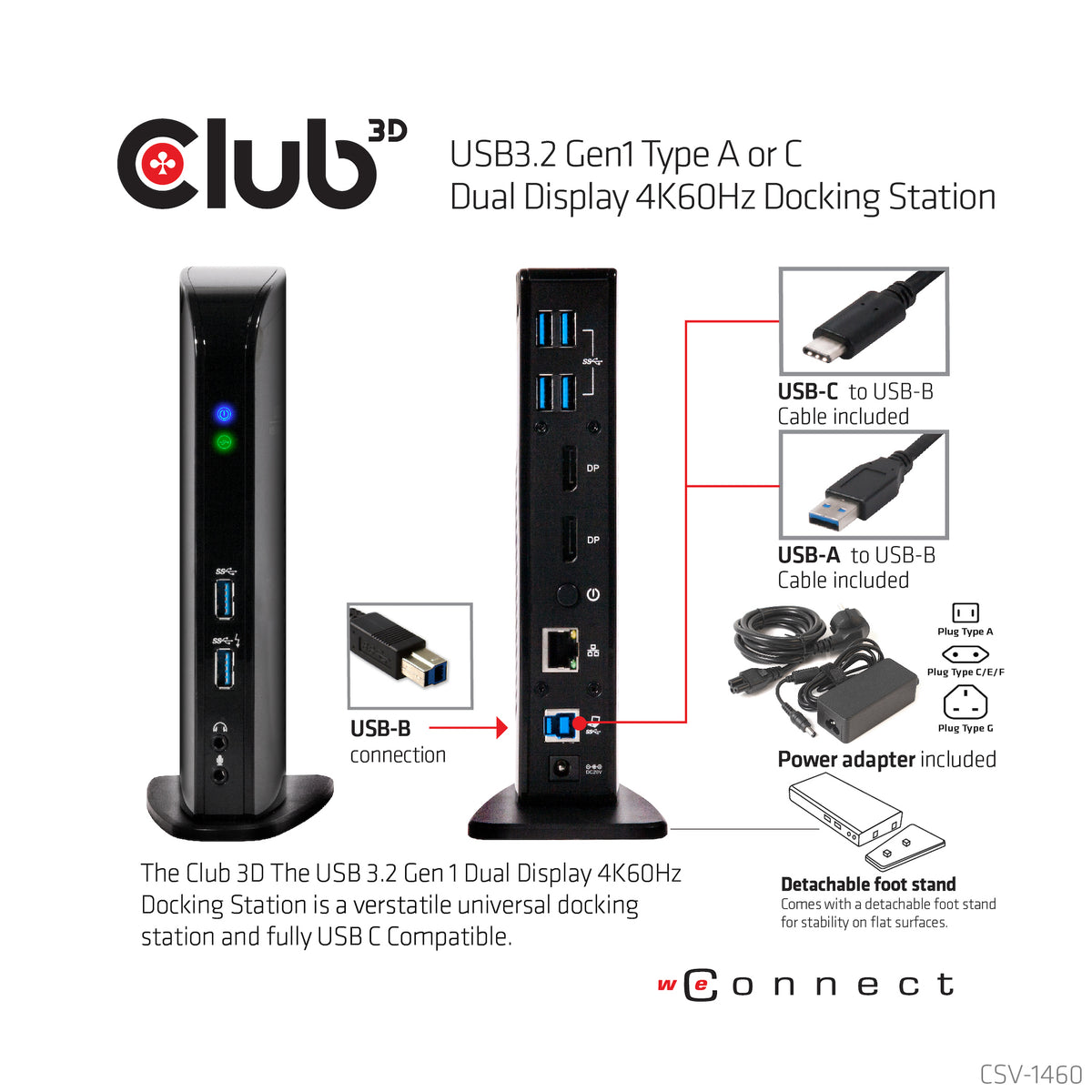 CLUB3D USB3.2 Gen1 Type A or C Dual Display 4K60Hz Docking Station DisplayLink® Certified