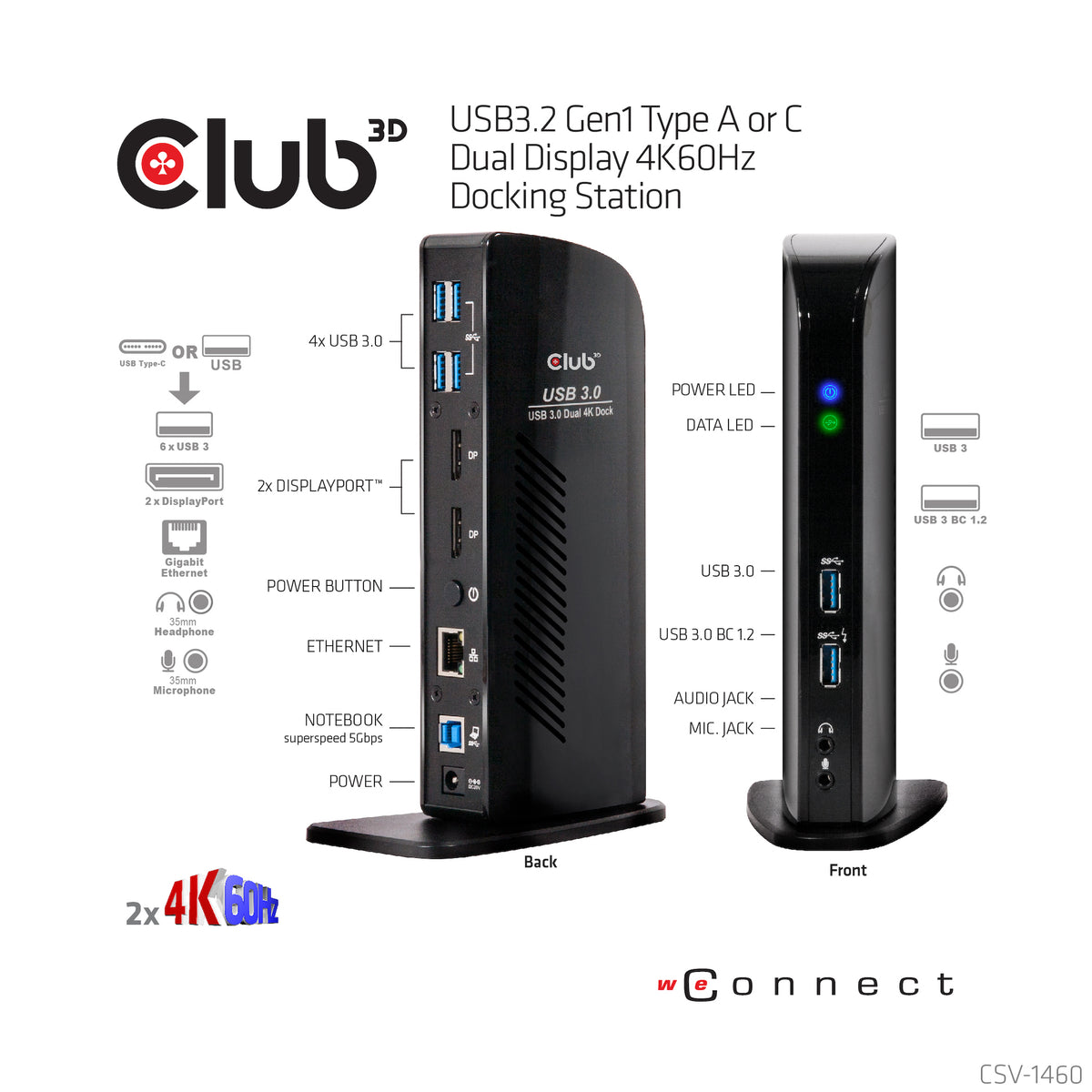 CLUB3D USB3.2 Gen1 Type A or C Dual Display 4K60Hz Docking Station DisplayLink® Certified