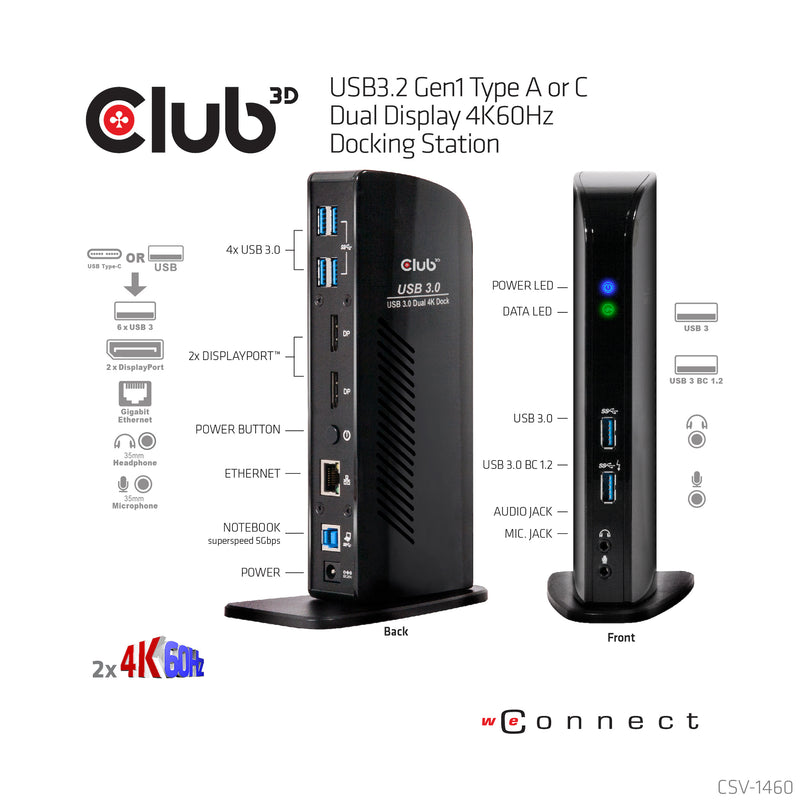 CLUB3D USB3.2 Gen1 Type A or C Dual Display 4K60Hz Docking Station DisplayLink® Certified