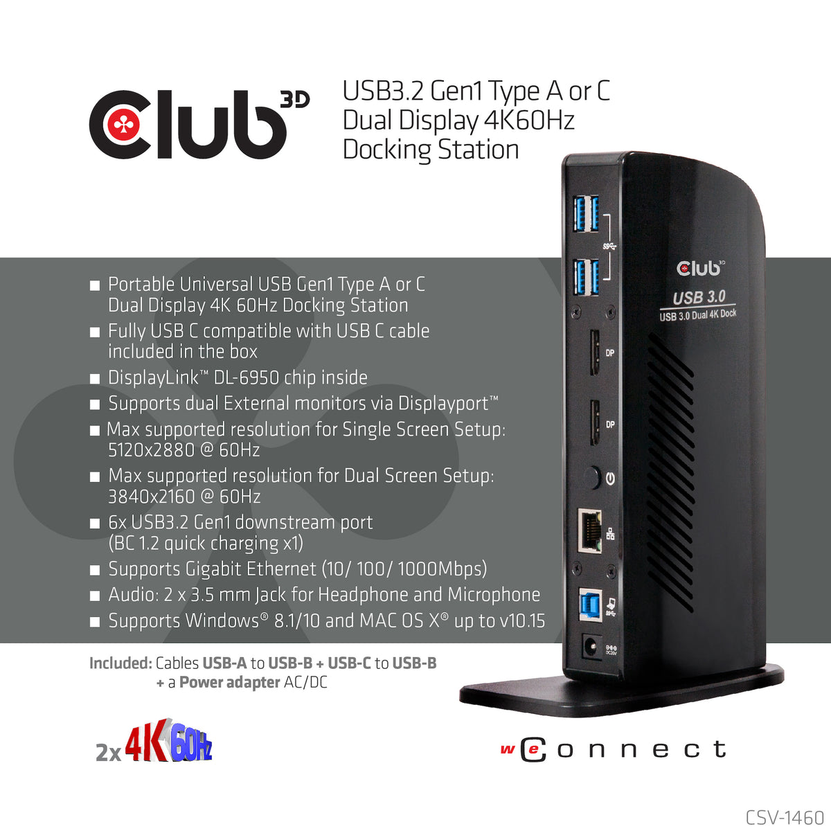 CLUB3D USB3.2 Gen1 Type A or C Dual Display 4K60Hz Docking Station DisplayLink® Certified