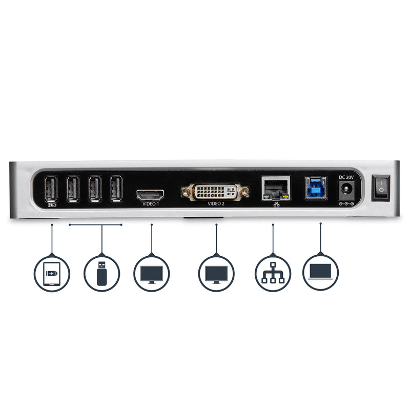 StarTech.com Dual Monitor USB 3.0 Docking Station - Notebook Dockingstation mit HDMI- und DVI/VGA Video - 6 Port USB 3.1 Gen 1 5Gbit/s Multimedia-Hub, GbE, Audio - USB-A - Windows und Mac