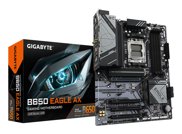 Carte mère GIGABYTE B650 EAGLE AX - AMD Ryzen série 9000, VRM 12+2+2 phases, jusqu'à 7600 MHz DDR5 (OC), 1xPCIe 5.0 + 2xPCIe 4.0 M.2, LAN GbE, WIFI 6E, USB 3.2 Gen 2