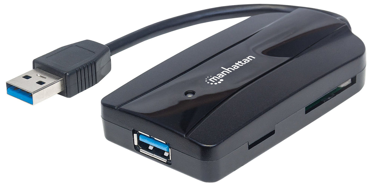 Manhattan 3-Port USB 3.2 Gen 1 Hub mit Card Reader, USB-A-Stecker auf 3 x USB-A Buchse, 5 Gbit/s Datenübertragungsrate; unterstützte Kartenformate MicroSD, SD und MMC, Stromversorgung über USB, schwarz