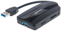 Manhattan 3-Port USB 3.2 Gen 1 Hub mit Card Reader, USB-A-Stecker auf 3 x USB-A Buchse, 5 Gbit/s Datenübertragungsrate; unterstützte Kartenformate MicroSD, SD und MMC, Stromversorgung über USB, schwarz