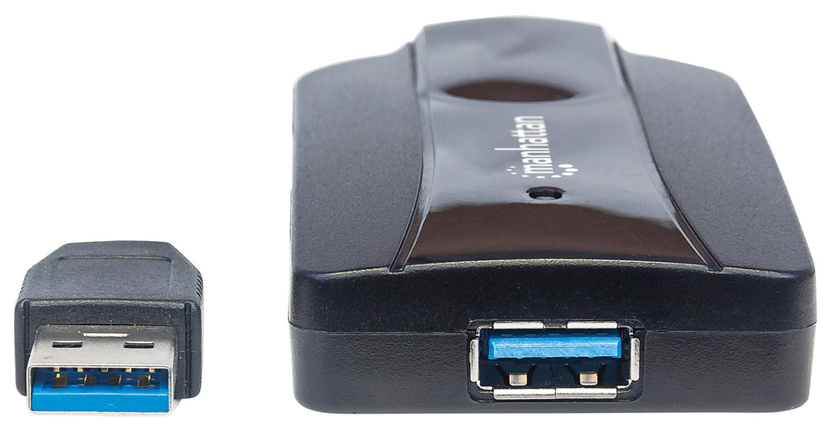 Manhattan 3-Port USB 3.2 Gen 1 Hub mit Card Reader, USB-A-Stecker auf 3 x USB-A Buchse, 5 Gbit/s Datenübertragungsrate; unterstützte Kartenformate MicroSD, SD und MMC, Stromversorgung über USB, schwarz