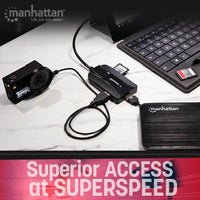 Manhattan 3-Port USB 3.2 Gen 1 Hub mit Card Reader, USB-A-Stecker auf 3 x USB-A Buchse, 5 Gbit/s Datenübertragungsrate; unterstützte Kartenformate MicroSD, SD und MMC, Stromversorgung über USB, schwarz