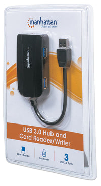 Manhattan 3-Port USB 3.2 Gen 1 Hub mit Card Reader, USB-A-Stecker auf 3 x USB-A Buchse, 5 Gbit/s Datenübertragungsrate; unterstützte Kartenformate MicroSD, SD und MMC, Stromversorgung über USB, schwarz