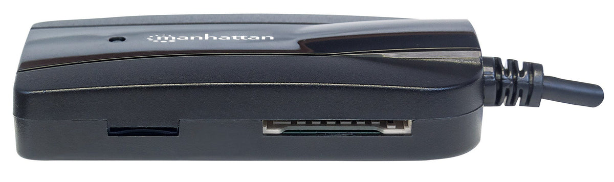 Manhattan 3-Port USB 3.2 Gen 1 Hub mit Card Reader, USB-A-Stecker auf 3 x USB-A Buchse, 5 Gbit/s Datenübertragungsrate; unterstützte Kartenformate MicroSD, SD und MMC, Stromversorgung über USB, schwarz