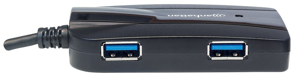 Manhattan 3-Port USB 3.2 Gen 1 Hub mit Card Reader, USB-A-Stecker auf 3 x USB-A Buchse, 5 Gbit/s Datenübertragungsrate; unterstützte Kartenformate MicroSD, SD und MMC, Stromversorgung über USB, schwarz