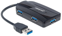 Manhattan 3-Port USB 3.2 Gen 1 Hub mit Card Reader, USB-A-Stecker auf 3 x USB-A Buchse, 5 Gbit/s Datenübertragungsrate; unterstützte Kartenformate MicroSD, SD und MMC, Stromversorgung über USB, schwarz