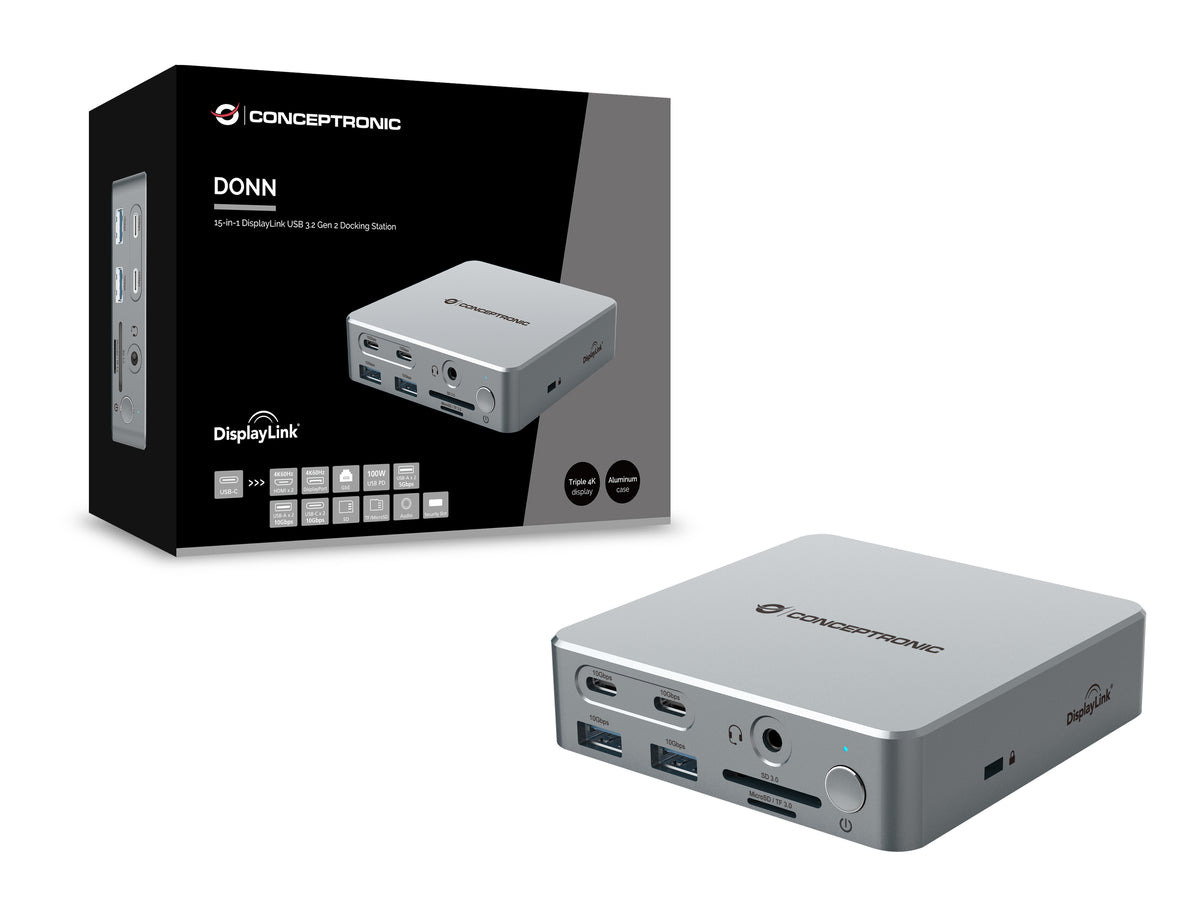 Conceptronic DONN25G 15-in-1 DisplayLink USB 3.2 Gen 2 Dockingstation, 4K60Hz Triple-Display, HDMI x 2, DisplayPort, USB-C 10 Gbit/s x 2, USB-A 10 Gbit/s x 2, USB-A 5 Gbit/s x 2, SD, TF/MicroSD, GbE, Audio, DC-Eingang, Sicherheitssteckplatz, PD 3,0