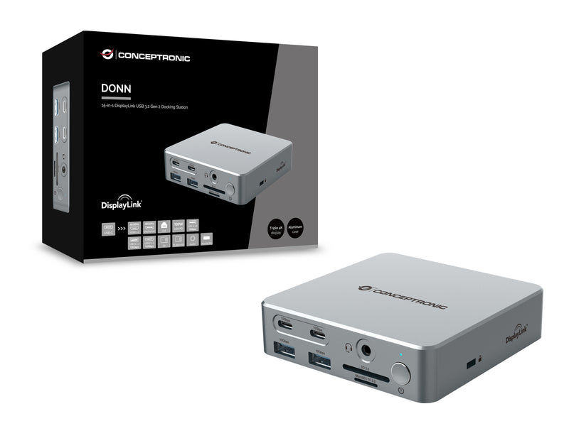 Conceptronic DONN25G 15-in-1 DisplayLink USB 3.2 Gen 2 Dockingstation, 4K60Hz Triple-Display, HDMI x 2, DisplayPort, USB-C 10 Gbit/s x 2, USB-A 10 Gbit/s x 2, USB-A 5 Gbit/s x 2, SD, TF/MicroSD, GbE, Audio, DC-Eingang, Sicherheitssteckplatz, PD 3,0