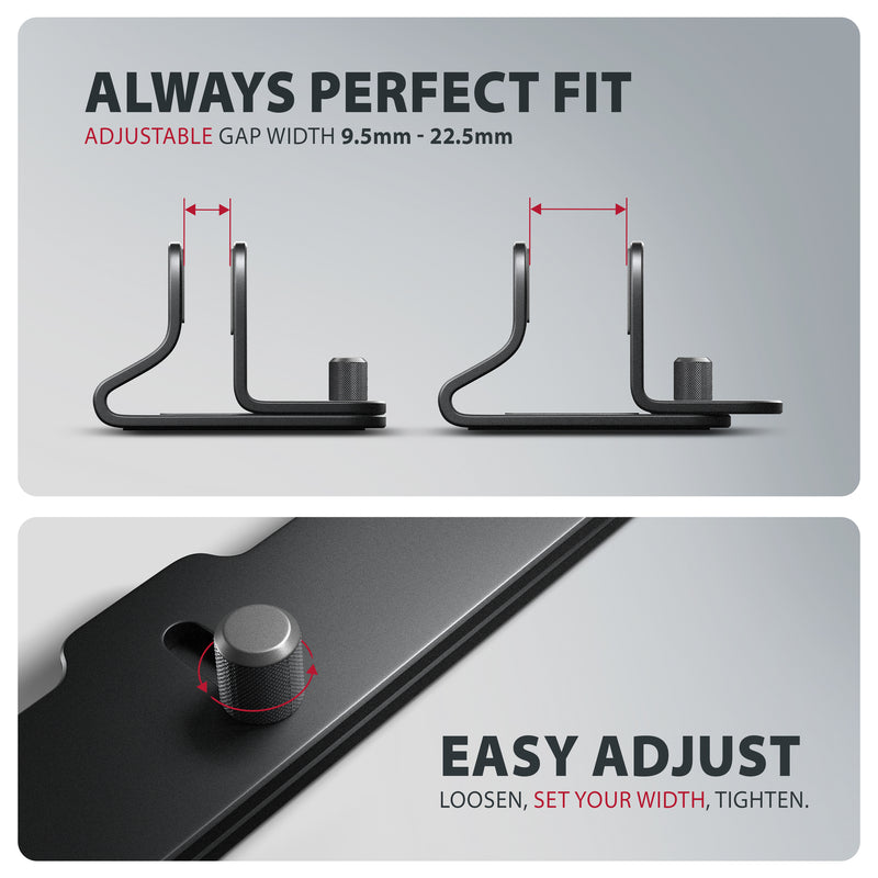 Axagon STND-VB Aluminiumständer für die vertikale Platzierung von Laptops mit einer Größe von 10"–17.3". Einstellbare Schlitzbreite 9.5–25.5 mm. Schwarze Version.