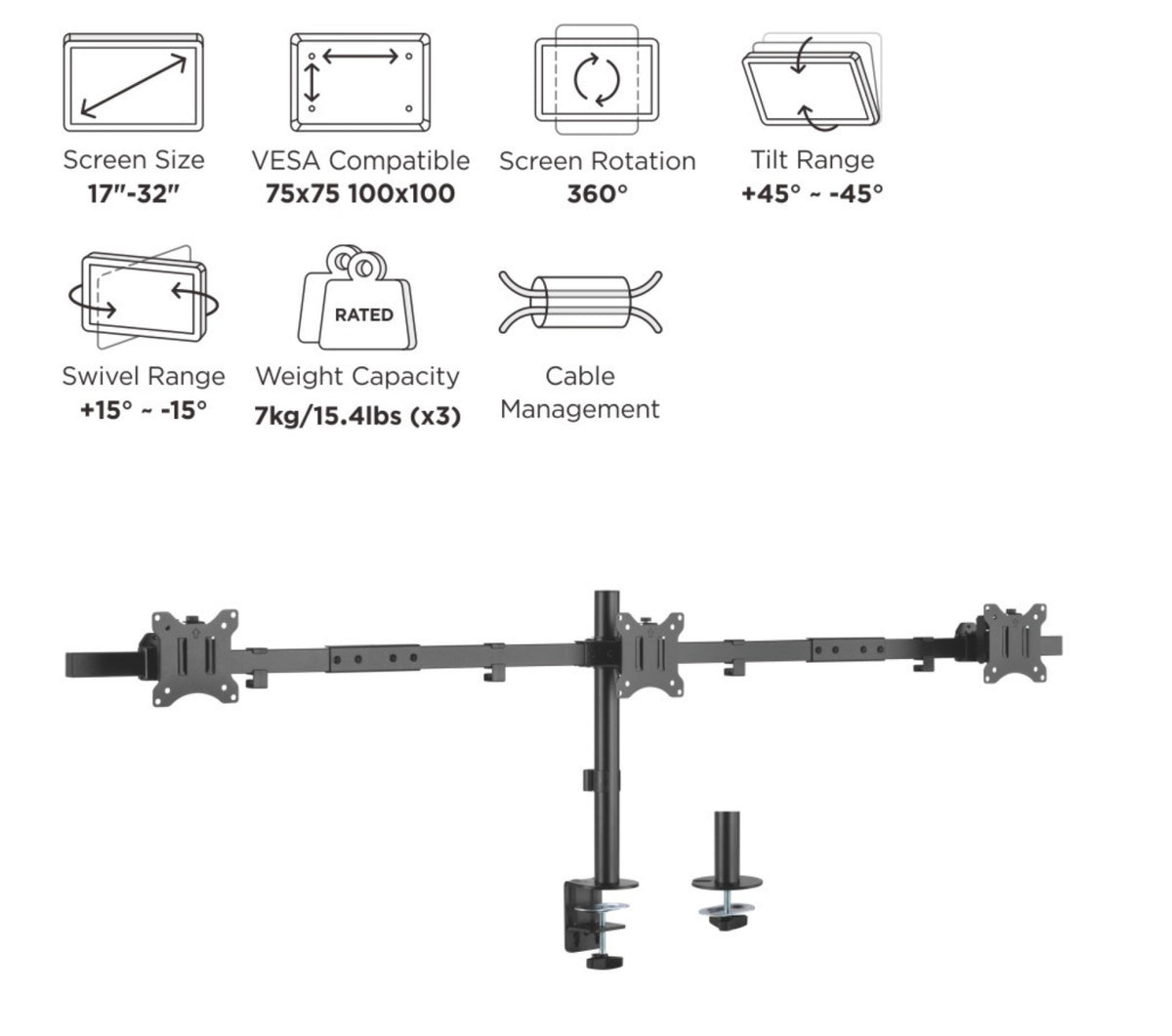 Equip 17"-32" Dreifach schwenkbare Monitor-Schreibtischhalterung