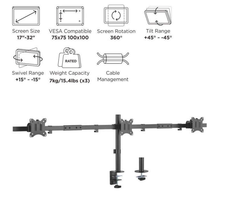 Equip 17"-32" Dreifach schwenkbare Monitor-Schreibtischhalterung