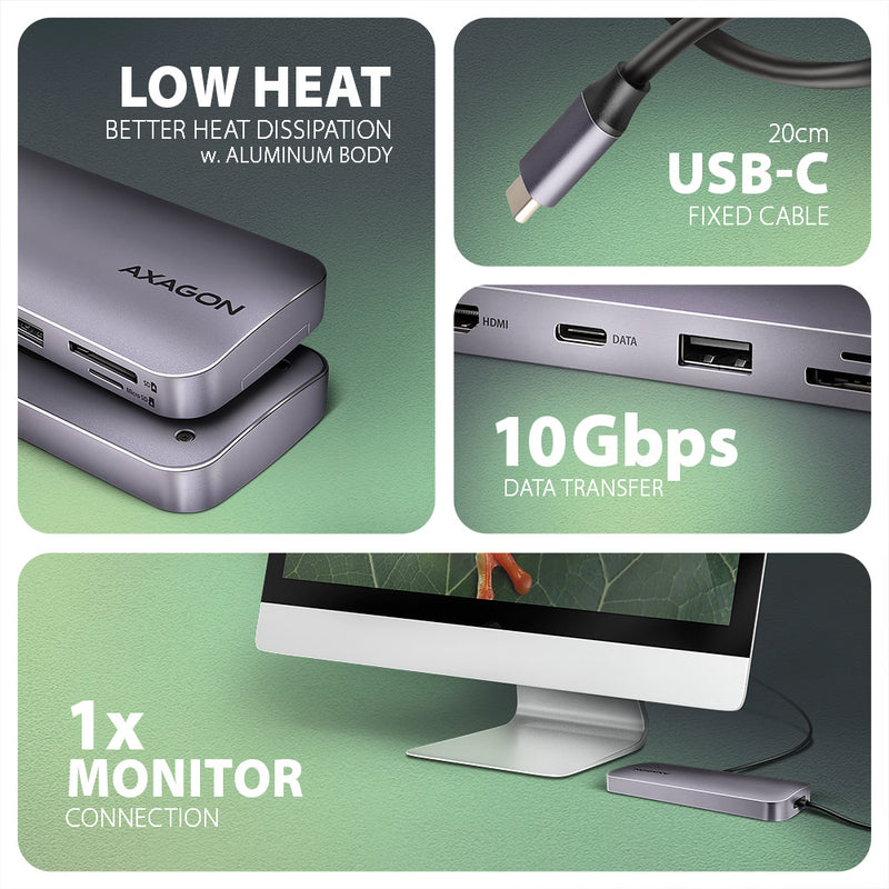 Axagon HMC-6GM2 USB 10Gbps hub USB-A USB-C HDMI M.2 SD/mSD PD 100W USB-C Kabelgebunden USB 3.2 Gen 2 (3.1 Gen 2) Type-C Grau