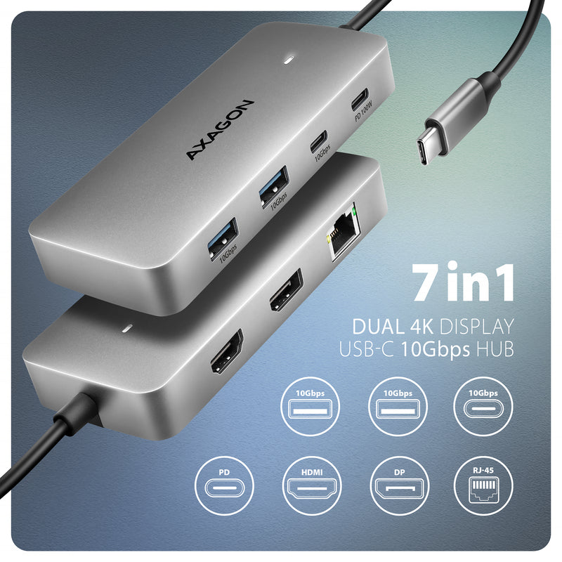 Axagon HMC-CUB83X2 USB 10Gbps hub, 2x USB-A, USB-C, HDMI & DP 4k/144Hz, RJ-45, PD 100W