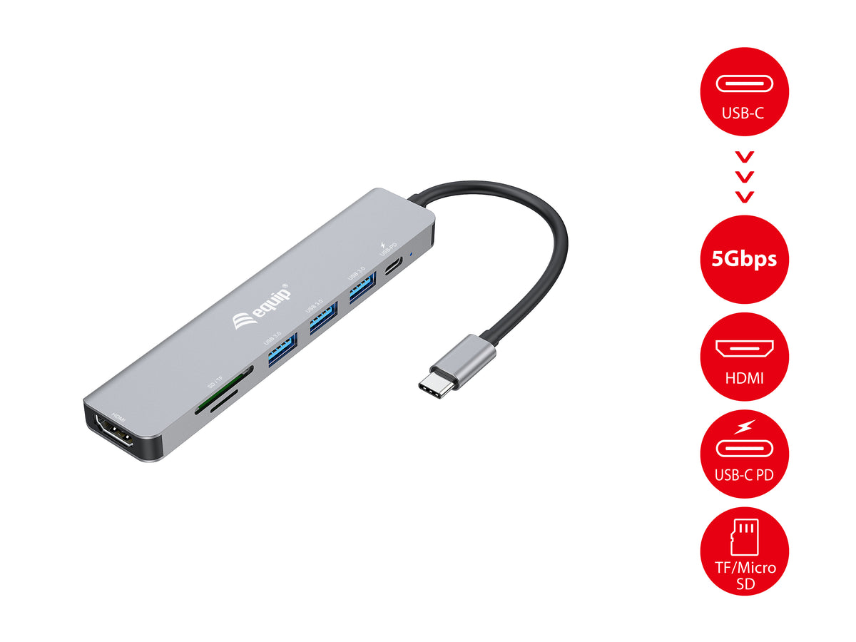 Equip USB-C 7-in-1 Multifunktionsadapter, HDMI 4K/60Hz, USB 3.2 Gen1 x 3, TF/MICRO SD, 100W USB PD