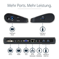 StarTech.com Dual Monitor USB 3.0 Laptop Docking Station mit HDMI/DVI/VGA, 3x USB-A Hub, GbE, Audio, Universal Type-A Dock für Windows/macOS/ChromeOS - TAA Konform
