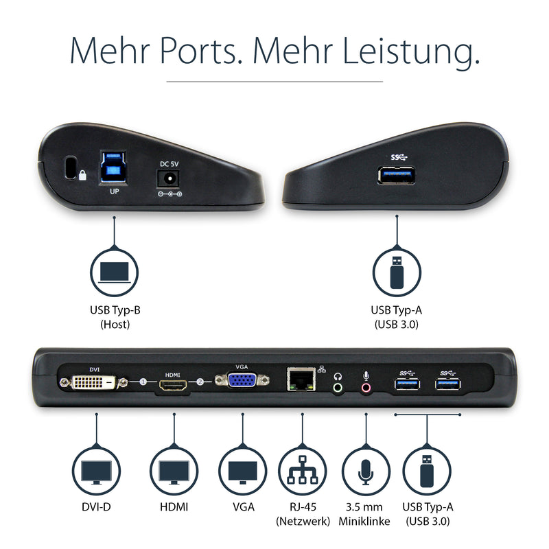 StarTech.com Dual Monitor USB 3.0 Laptop Docking Station mit HDMI/DVI/VGA, 3x USB-A Hub, GbE, Audio, Universal Type-A Dock für Windows/macOS/ChromeOS - TAA Konform