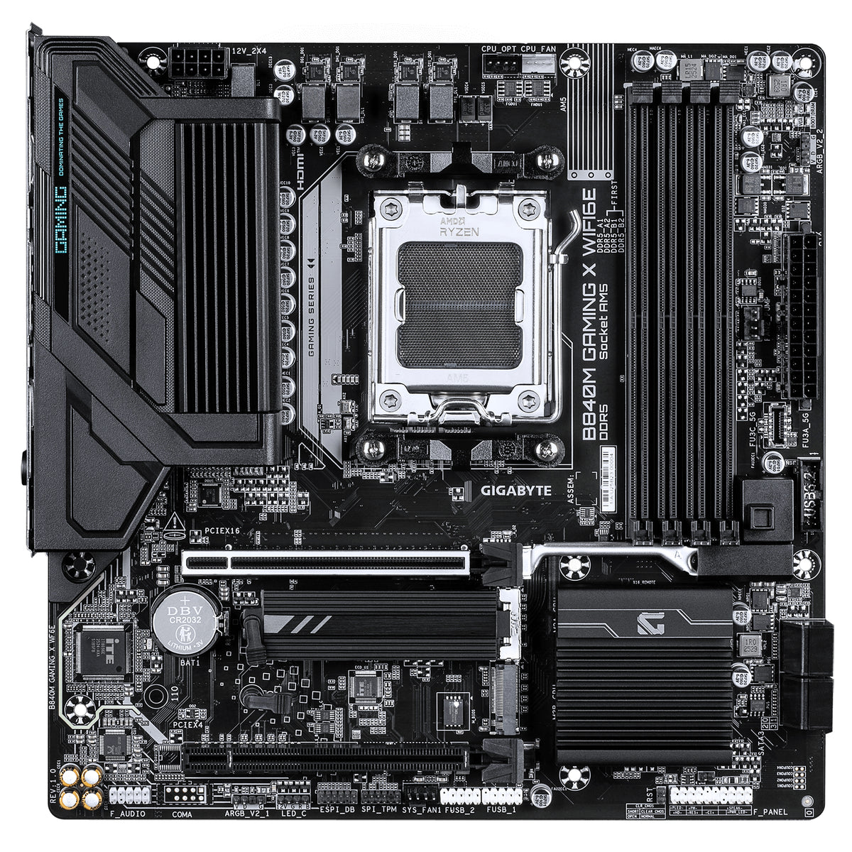 GIGABYTE B840M GAMING X WIFI6E Mainboard – AMD Ryzen 9000 CPUs, 8+2+2-Phasen-VRM, bis zu 8200 MHz DDR5 (O.C.), 2× PCIe-4.0-M.2, Wi-Fi 6E, 2,5-GbE-LAN, USB 3.2 Gen 1