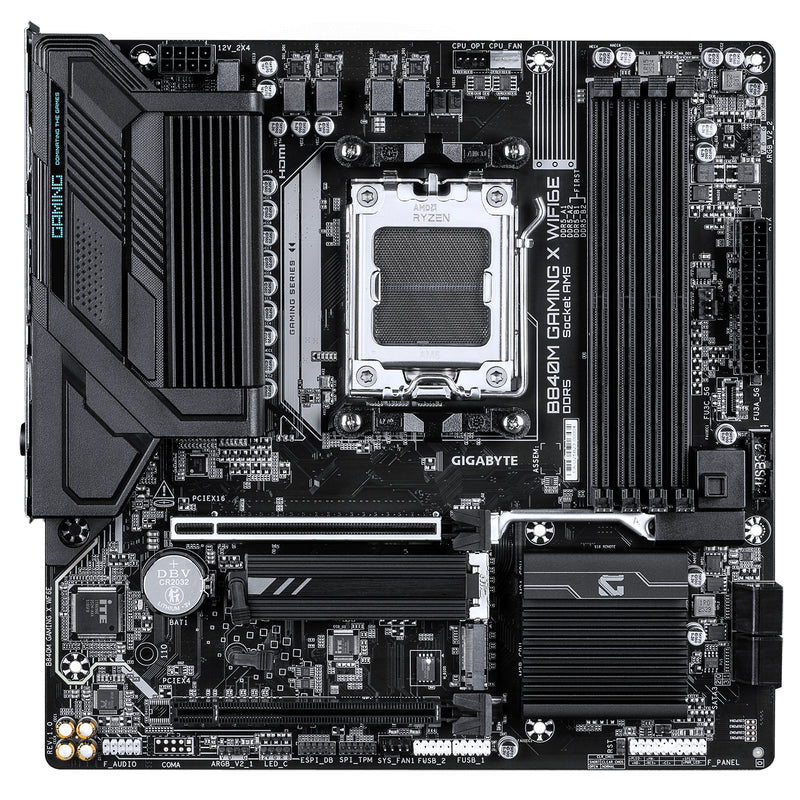 GIGABYTE B840M GAMING X WIFI6E Mainboard – AMD Ryzen 9000 CPUs, 8+2+2-Phasen-VRM, bis zu 8200 MHz DDR5 (O.C.), 2× PCIe-4.0-M.2, Wi-Fi 6E, 2,5-GbE-LAN, USB 3.2 Gen 1