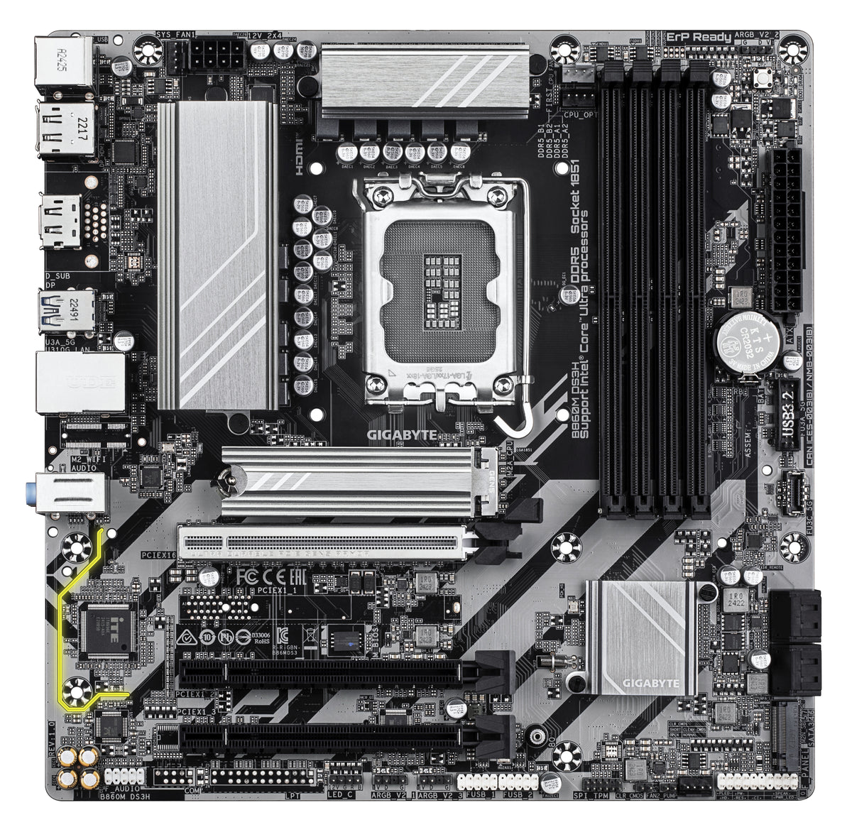 GIGABYTE B860M DS3H Mainboard - Intel Core Ultra CPUs, 5+1+2+1 Phasen VRM, bis zu 9066MHz DDR5, 1xPCIe 5.0 + 1xPCIe 4.0 M.2, 2,5 GbE LAN, USB 3.2 Gen 2