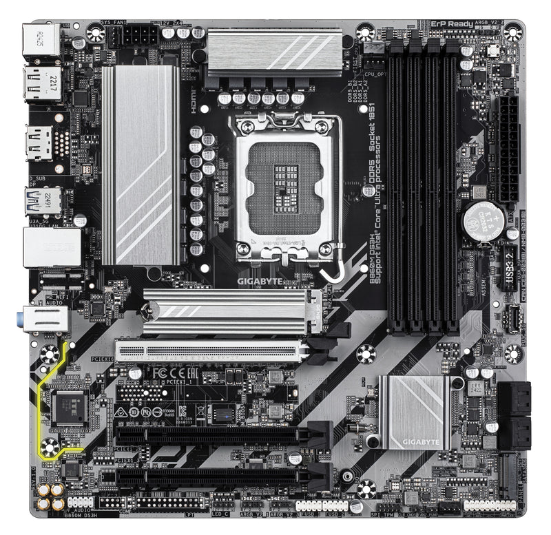 GIGABYTE B860M DS3H Mainboard - Intel Core Ultra CPUs, 5+1+2+1 Phasen VRM, bis zu 9066MHz DDR5, 1xPCIe 5.0 + 1xPCIe 4.0 M.2, 2,5 GbE LAN, USB 3.2 Gen 2
