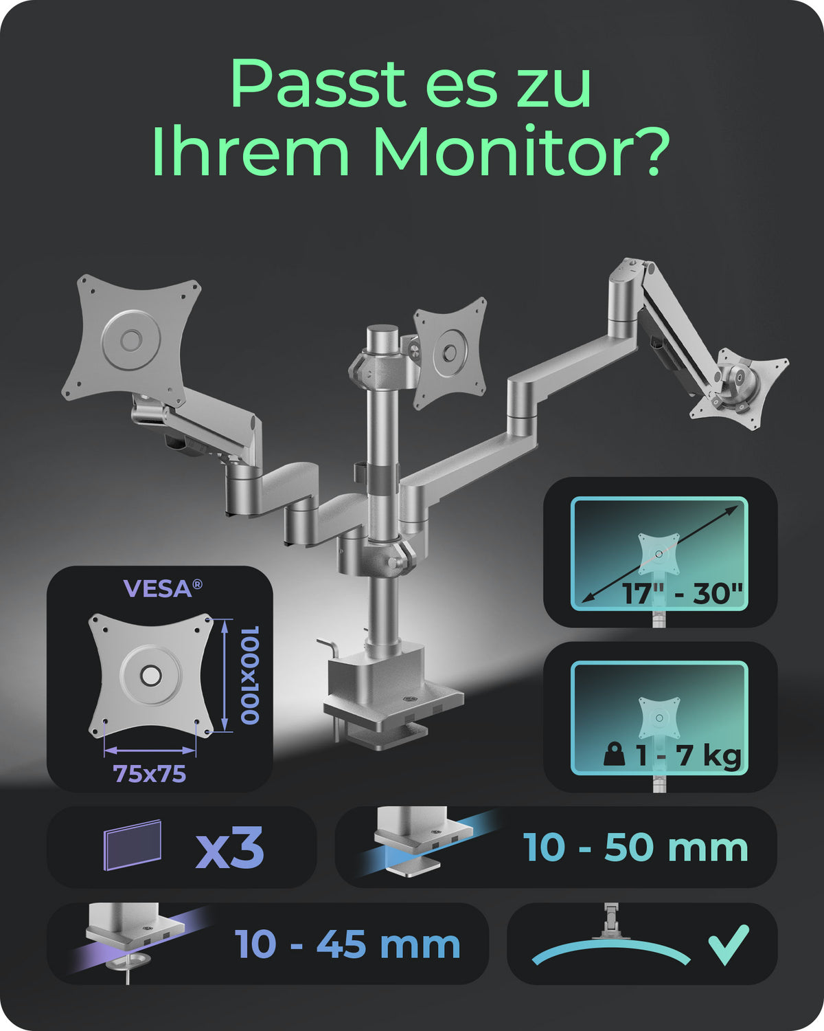ICY BOX IB-MS525-T, Monitorständer mit Tischhalterung für drei Monitore bis zu 30" (76 cm)